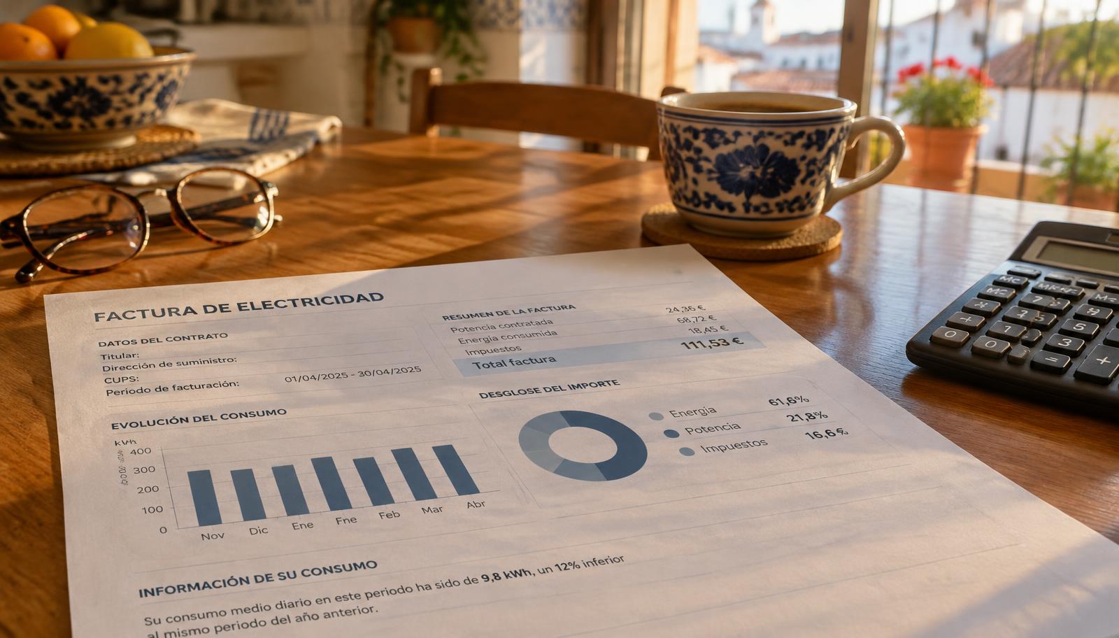 Factura de la luz sobre una mesa con gafas, calculadora y café