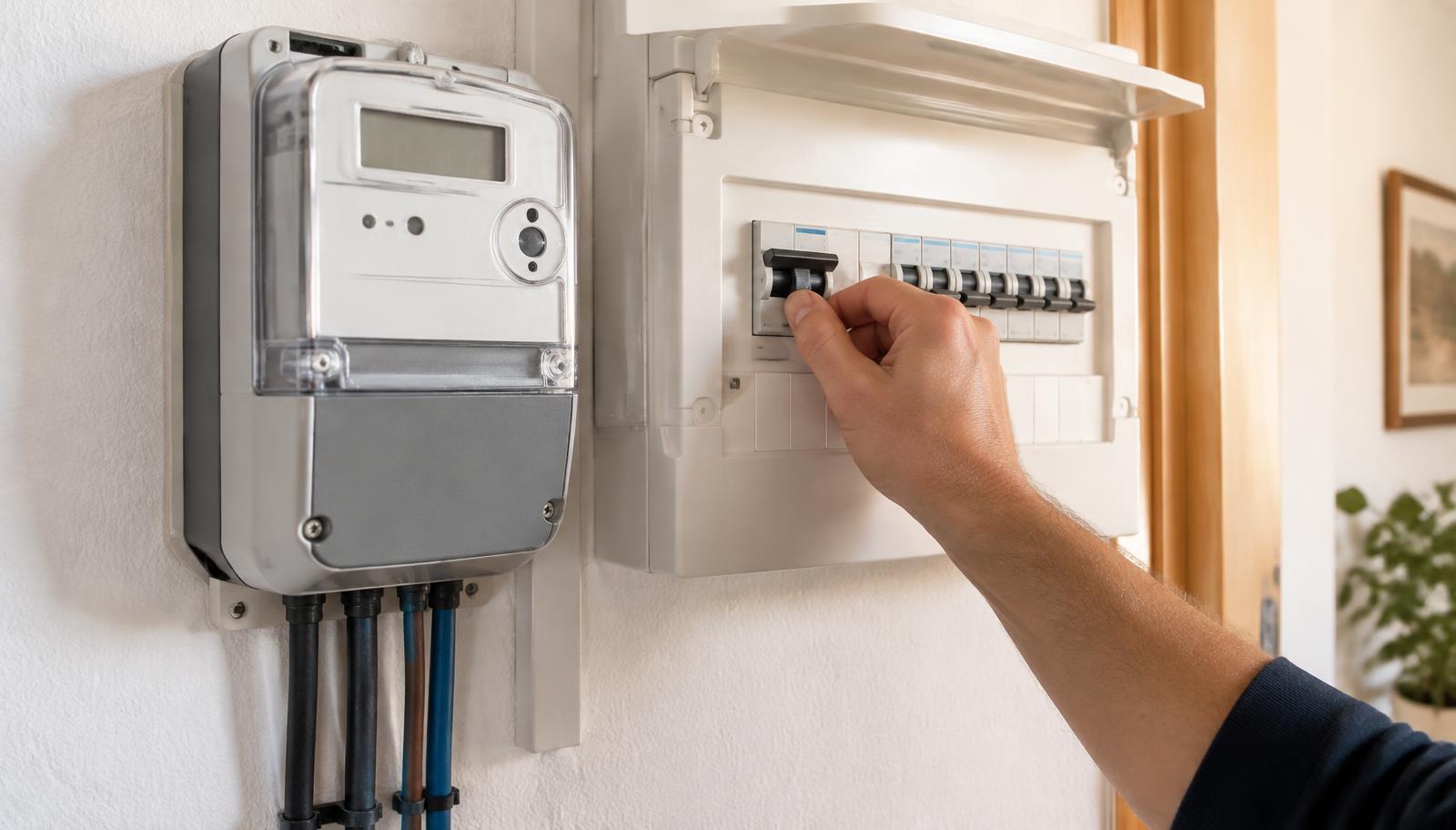 Mano ajustando el interruptor general junto al contador de la luz
