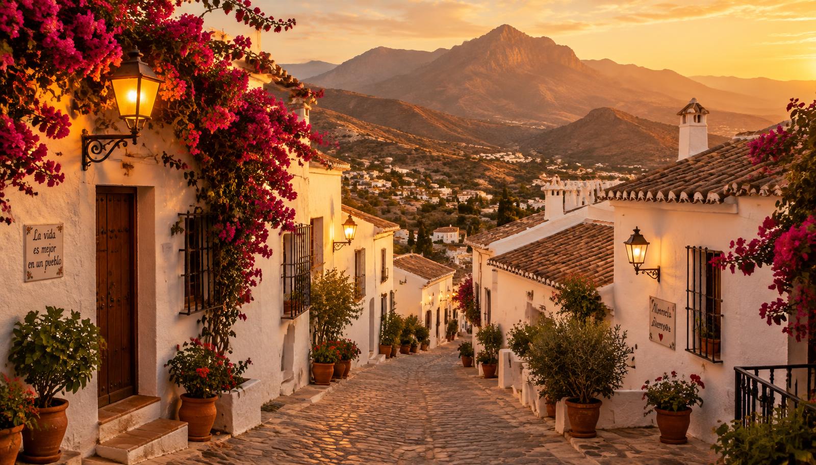 Calle de un pueblo blanco de Almería al atardecer con faros encendidos