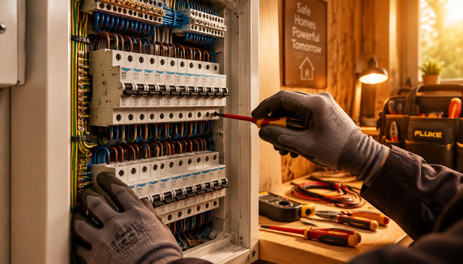 Cuadro eléctrico revisado por un profesional con luz cálida